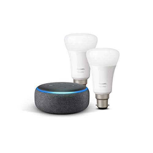 Echo Dot (3rd Gen), Charcoal Fabric + Philips Hue White Smart Bulb Twin Pack LED (B22) | Bluetooth & ZigBee compatible (no hub required)