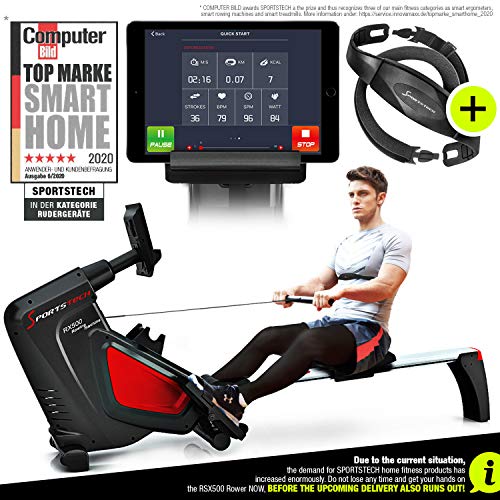 Sportstech RSX500 Rowing Machine - German Quality Brand - Competition Mode - incl. heart rate monitor (worth: £39,90) 16 programs - magnetic resistance - tablet holder - foldable