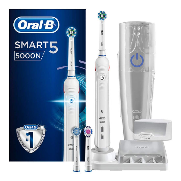Oral-B Smart 5 5000 CrossAction Electric Toothbrush, 1 App Connected Handle, 5 Modes with Whitening, Sensitive and Gum Care, Pressure Sensor, 3 Toothbrush Heads, Plastic Travel Case, 2 Pin UK Plug