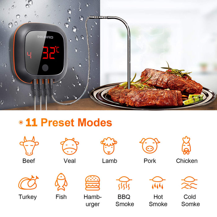 Inkbird IBT-4XS Bluetooth Wireless BBQ Meat Thermometer ℉/℃ with Magnetic 1000mAh Rechargeable Battery Rotatable Screen for Barbecue Meat Roast Oven Grill Smoker (IBT-4XS + 4 Probes)