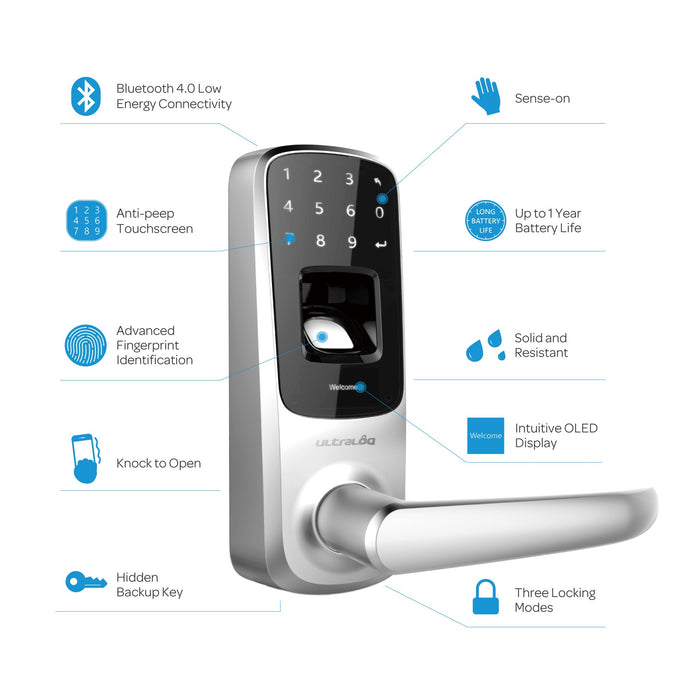 Ultraloq (Satin Nickel) UL3 BT Bluetooth Enabled Fingerprint and Touchscreen Keyless Smart Door Lock, 7" x 6.3" x 3.5"