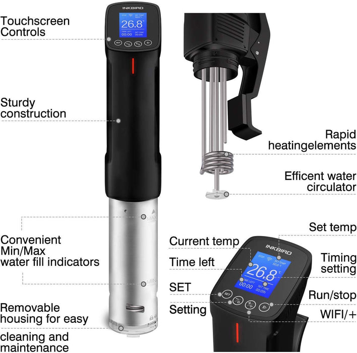 Inkbird Sous Vide ISV-100W WI-FI Culinary Cooker 1000 Watts Precise Temperature and Timer Stainless Steel Thermal Immersion Circulator for Kitchen