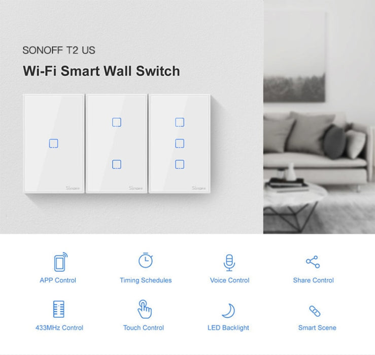 Sonoff TX T2 EU/US 1 2 3 Gang Smart Switch WiFi 433 RF Smart Remote Control Wall Touch Light Switch work With Google Home Alexa