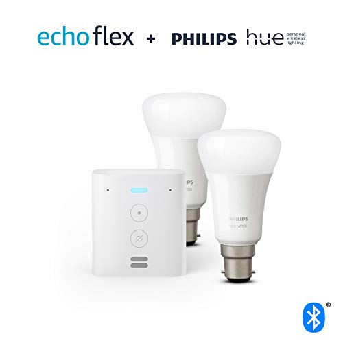Echo Flex + Philips Hue White Smart Bulb Twin Pack LED (B22) | Bluetooth & ZigBee compatible (no hub required)
