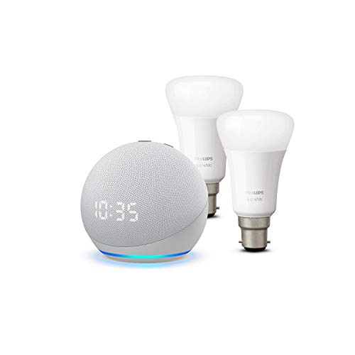 All-new Echo Dot (4th generation) with clock, Glacier White + Philips Hue White Smart Bulb Twin Pack LED (B22) | Bluetooth & ZigBee compatible (no hub required)