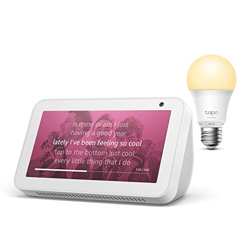 Echo Show 5, White + TP-Link Tapo smart bulb (E27), Works with Alexa