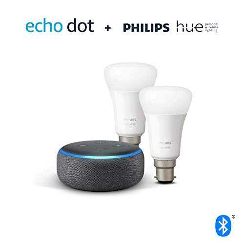 Echo Dot (3rd Gen), Charcoal Fabric + Philips Hue White Smart Bulb Twin Pack LED (B22) | Bluetooth & ZigBee compatible (no hub required)