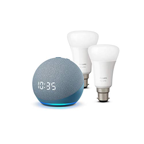All-new Echo Dot (4th generation) with clock, Twilight Blue + Philips Hue White Smart Bulb Twin Pack LED (B22) | Bluetooth & ZigBee compatible (no hub required)