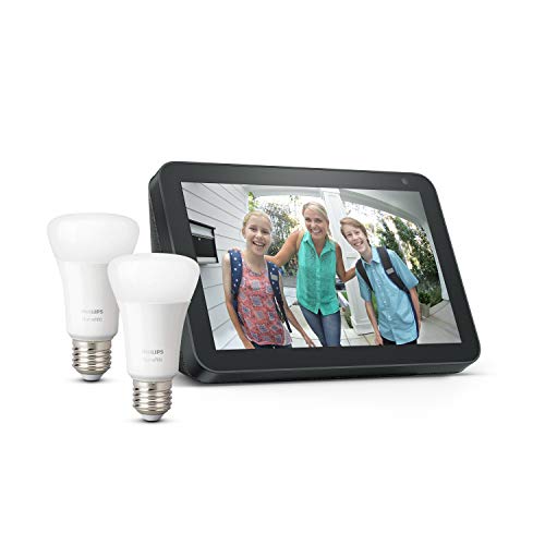 Echo Show 8, Charcoal Fabric + Philips Hue White Smart Bulb Twin Pack LED (E27) | Bluetooth & ZigBee compatible (no hub required)