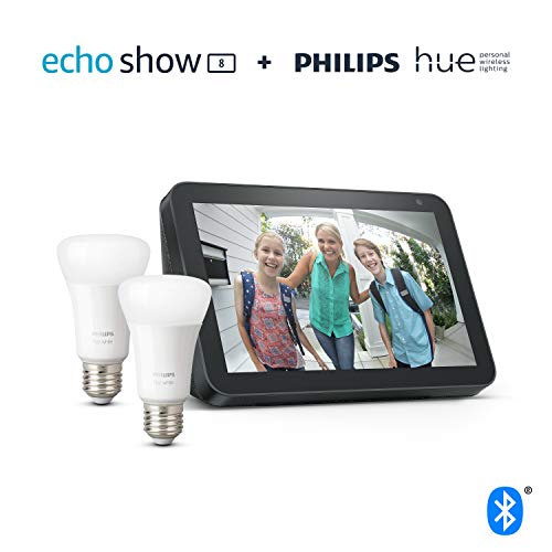 Echo Show 8, Charcoal Fabric + Philips Hue White Smart Bulb Twin Pack LED (E27) | Bluetooth & ZigBee compatible (no hub required)