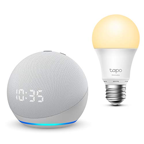 All-new Echo Dot (4th generation) with clock, Glacier White + TP-Link Tapo smart bulb (E27), Works with Alexa