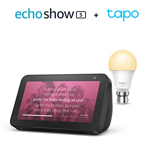 Echo Show 5, Black + TP-Link Tapo smart bulb (B22), Works with Alexa