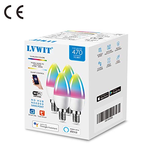 LVWIT E14 Smart WiFi LED Bulb, C37 470Lm, 5W Replace 40 Watt, Compatible with Alexa, Echo and Google Assistant, Dimmed TUYA/Smart Life APP, 4 Pack