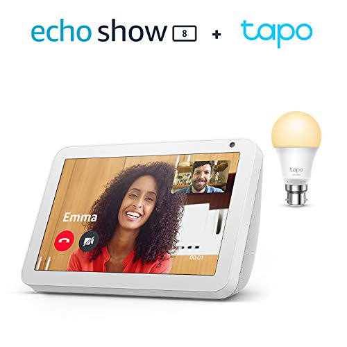 Echo Show 8, Sandstone Fabric + TP-Link Tapo smart bulb (B22), Works with Alexa