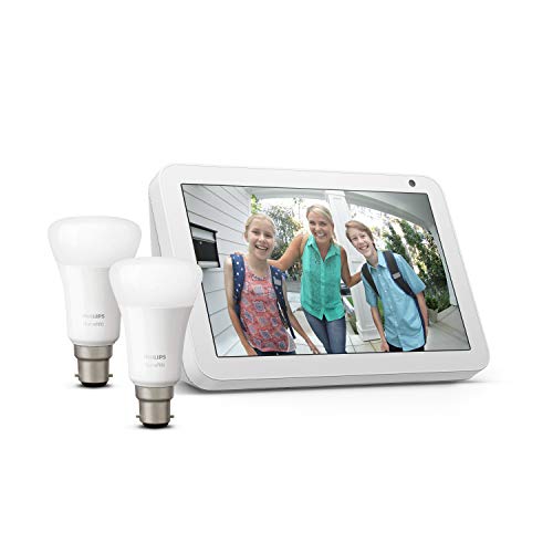 Echo Show 8, Sandstone Fabric + Philips Hue White Smart Bulb Twin Pack LED (B22) | Bluetooth & ZigBee compatible (no hub required)