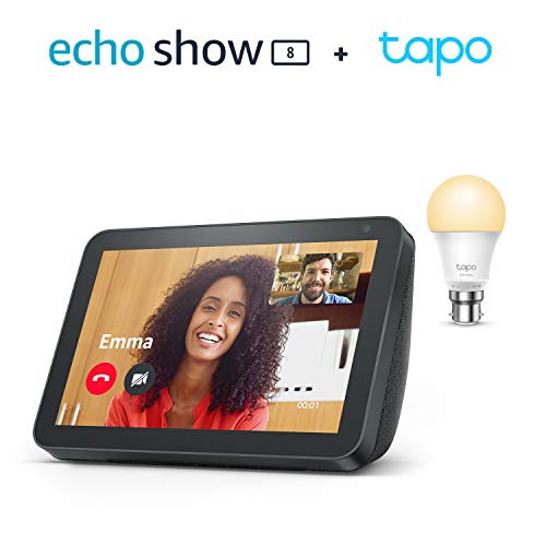 Echo Show 8, Charcoal Fabric + TP-Link Tapo smart bulb (B22), Works with Alexa