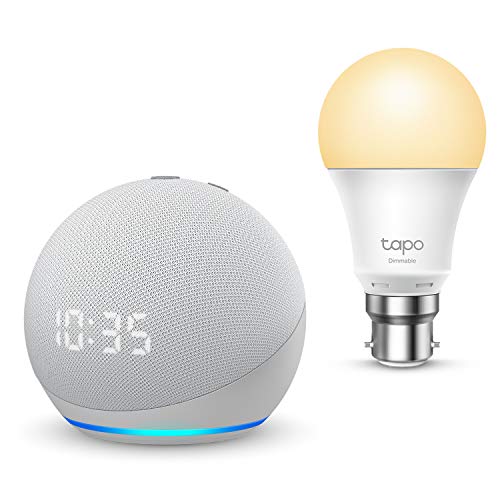 All-new Echo Dot (4th generation) with clock, Glacier White + TP-Link Tapo smart bulb (B22), Works with Alexa