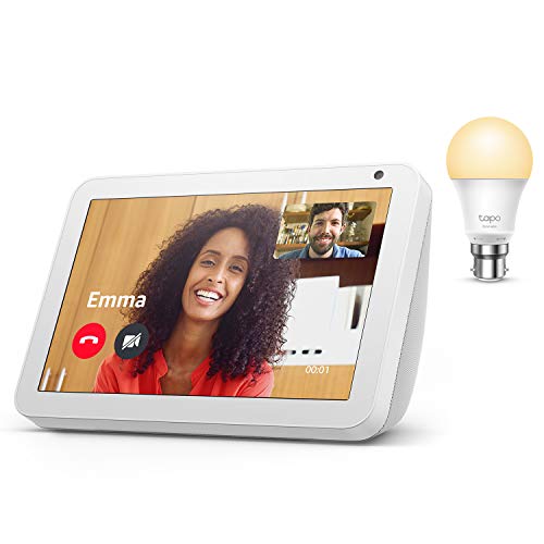 Echo Show 8, Sandstone Fabric + TP-Link Tapo smart bulb (B22), Works with Alexa