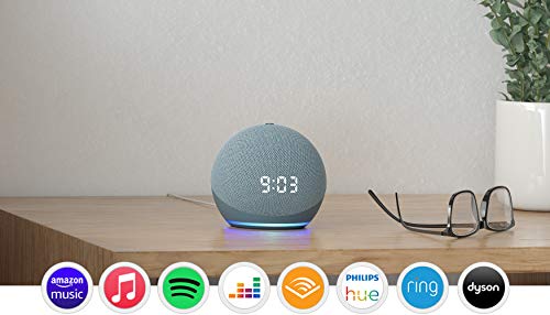 All-new Echo Dot (4th generation) with clock, Twilight Blue + Philips Hue White Smart Bulb Twin Pack LED (E27) | Bluetooth & ZigBee compatible (no hub required)