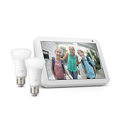 Echo Show 8, Sandstone Fabric + Philips Hue White Smart Bulb Twin Pack LED (E27) | Bluetooth & ZigBee compatible (no hub required)