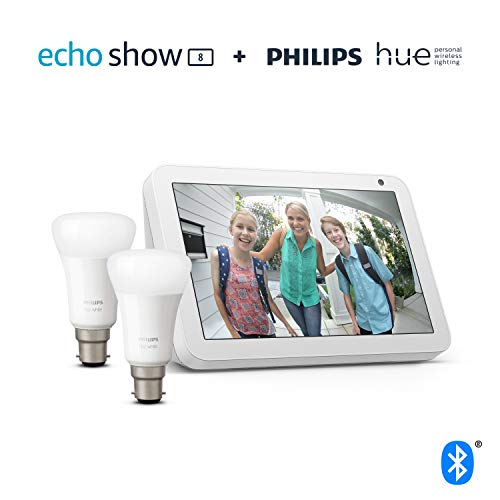 Echo Show 8, Sandstone Fabric + Philips Hue White Smart Bulb Twin Pack LED (B22) | Bluetooth & ZigBee compatible (no hub required)