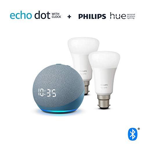 All-new Echo Dot (4th generation) with clock, Twilight Blue + Philips Hue White Smart Bulb Twin Pack LED (B22) | Bluetooth & ZigBee compatible (no hub required)