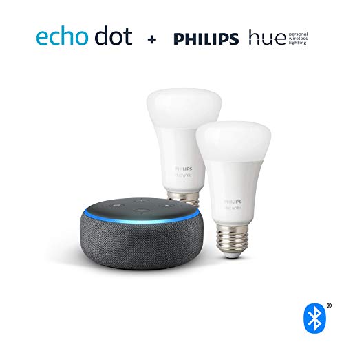 Echo Dot (3rd Gen), Charcoal Fabric + Philips Hue White Smart Bulb Twin Pack LED (E27) | Bluetooth & ZigBee compatible (no hub required)