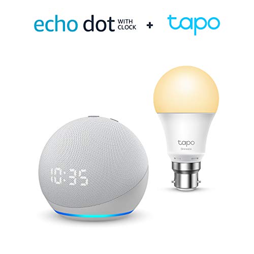 All-new Echo Dot (4th generation) with clock, Glacier White + TP-Link Tapo smart bulb (B22), Works with Alexa