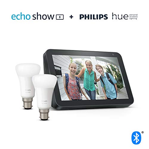 Echo Show 8, Charcoal Fabric + Philips Hue White Smart Bulb Twin Pack LED (B22) | Bluetooth & ZigBee compatible (no hub required)