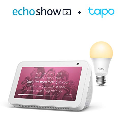 Echo Show 5, White + TP-Link Tapo smart bulb (E27), Works with Alexa