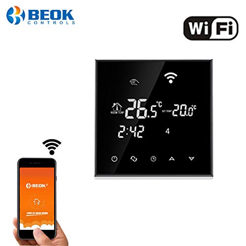 Beok TGT70WIFI-EP Programmable Underfloor Electric Heating Temperature Controller Glass Touch Screen Room Thermostat & Floor Sensor, Remote Online Control by Smartphone, AC230V 16A Black, Pack of 1