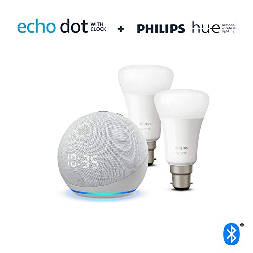 All-new Echo Dot (4th generation) with clock, Glacier White + Philips Hue White Smart Bulb Twin Pack LED (B22) | Bluetooth & ZigBee compatible (no hub required)
