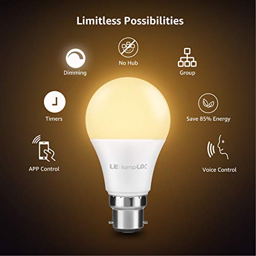 LE Alexa Smart Light Bulb B22, 60W Equivalent, Dimmable LED Bayonet Bulb, Works with Alexa and Google Home, No Hub Required (9W, 806lm, Warm White 2700K, 2.4GHz Wifi)