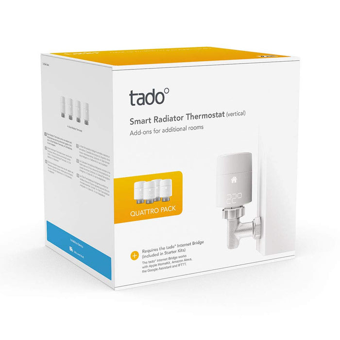 tado° Smart Radiator Thermostat (vertical mounting) - Quattro Pack, Add-ons for Multi-Room Control, intelligent heating control