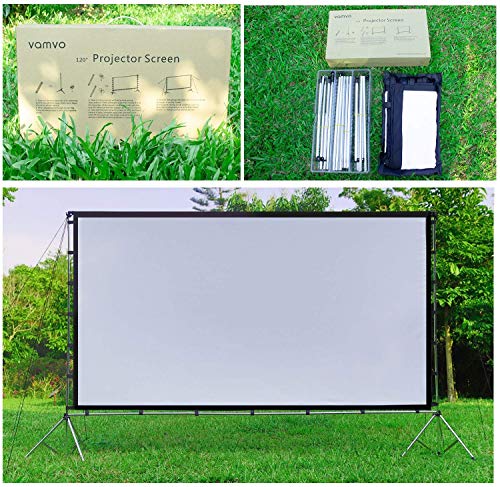 Vamvo Outdoor Indoor Projector Screen with Stand Foldable Portable Movie Screen 120 Inch (16:9) Full-Set Bag for Home Theater Camping and Recreational Events