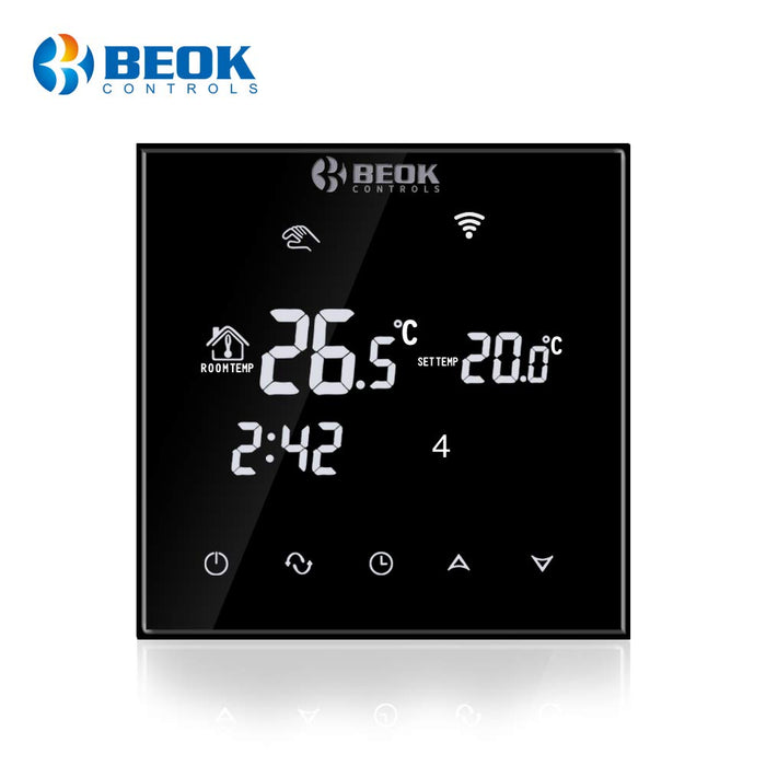 Beok TGT70WIFI-EP Programmable Underfloor Electric Heating Temperature Controller Glass Touch Screen Room Thermostat & Floor Sensor, Remote Online Control by Smartphone, AC230V 16A Black, Pack of 1