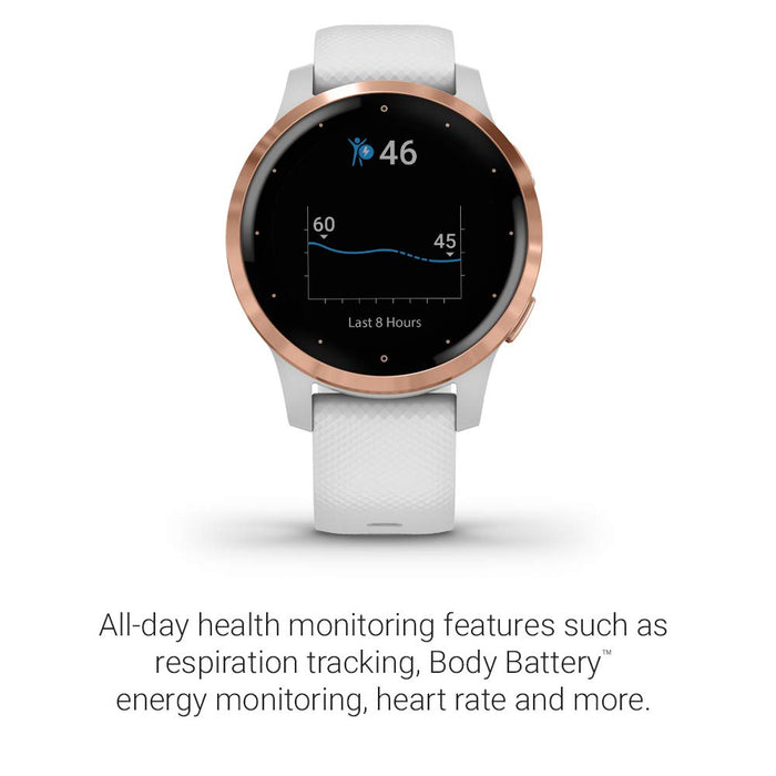 Garmin Vívoactive 4S, Smaller-Sized GPS Smartwatch, Features Music, Body Energy Monitoring, Animated Workouts, Pulse Ox Sensors and MORE, White/Rose Gold