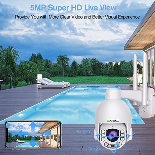SV3C 5MP WiFi Outdoor Security Camera, Waterproof PTZ IP Camera, Pan/Tilt / 5x Optical Zoom, Two Way Audio, Night Vision, FTP, H.265, Wireless Home Surveillance Camera with External SD Card Slot