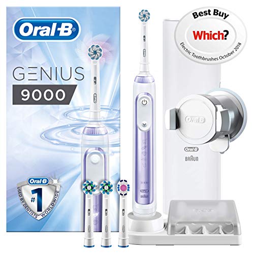 Oral-B Genius 9000 Sensi Ultrathin Electric Toothbrush Rechargeable, 1 Orchid Purple App Connected Handle, 6 Modes, Pressure Sensor, 4 Toothbrush Heads, USB Travel Case, UK 2 Pin Plug