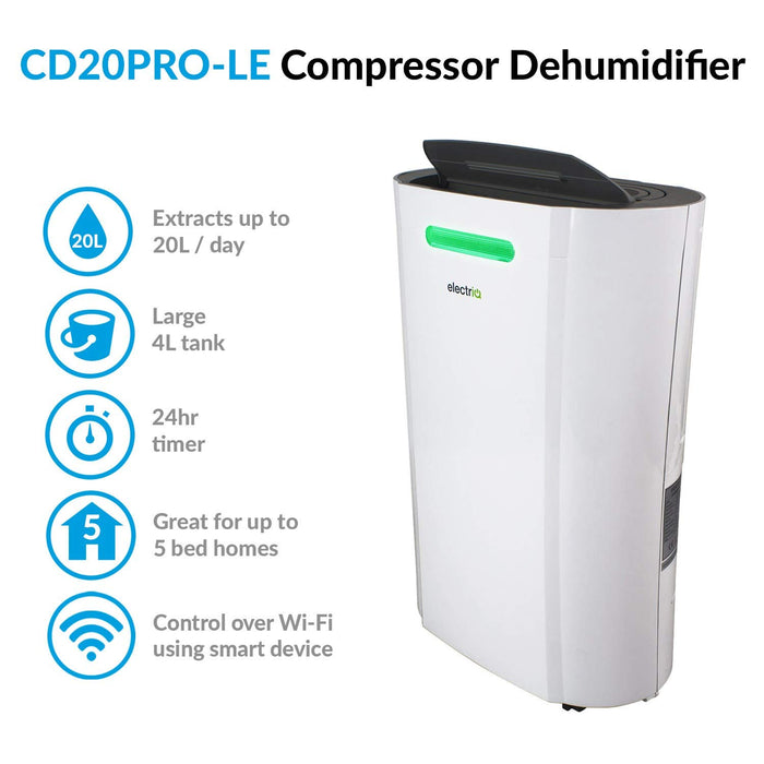 CD20PRO-LE-V2 ElectriQ CD20PRO Low Energy 20 litres Premium Dehumidifier with Alexa WiFi Apps for up to 5 Bed House with Digital Humidistat and UV Air Purifier