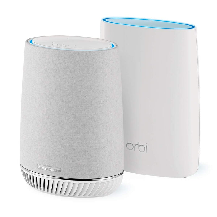 NETGEAR Orbi Tri-band Whole Home Mesh Wi-Fi System with Built-in Smart Speaker and 3Gbps Speed (RBK50V) - Router Replacement Covers Up to 4,500 sq ft, Pack of 2 with 1 Router & 1 Satellite/Speaker
