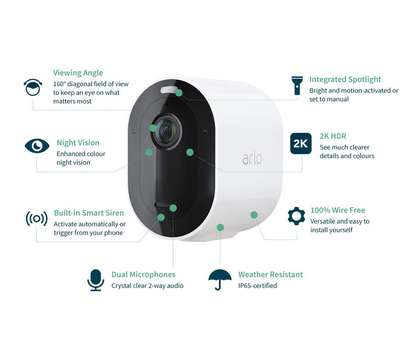 Arlo Pro3 Smart Home Security Cameras | Alarm | Rechargeable | Colour Night Vision | Indoor/Outdoor | 2K QHD | 2-Way Audio | Spotlight | 4 Camera Kit | VMS4440P