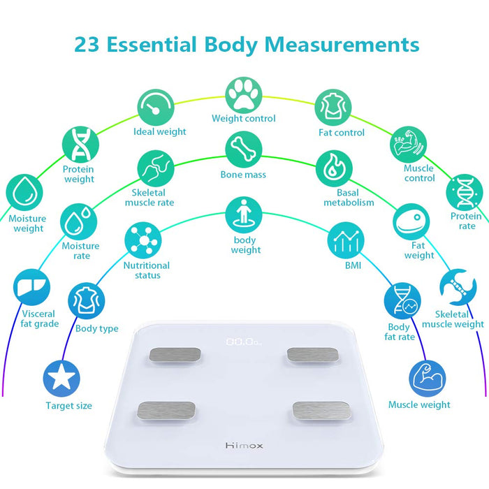 HIMOX Body Fat Scale, Highly Accurate Smart Bluetooth Digital Bathroom Body Composition Analyzer with 23 Body Composition Measuring Functions, 180 KG, USB Rechargeble, 6mm-Thick Glass