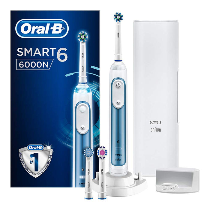 Oral-B Smart 6 6000N CrossAction Electric Toothbrush, 1 App Connected Handle, 5 Modes with Sensitive and Gum Care, Pressure Sensor, 3 Toothbrush Heads, Premium Travel Case, 2 Pin UK Plug