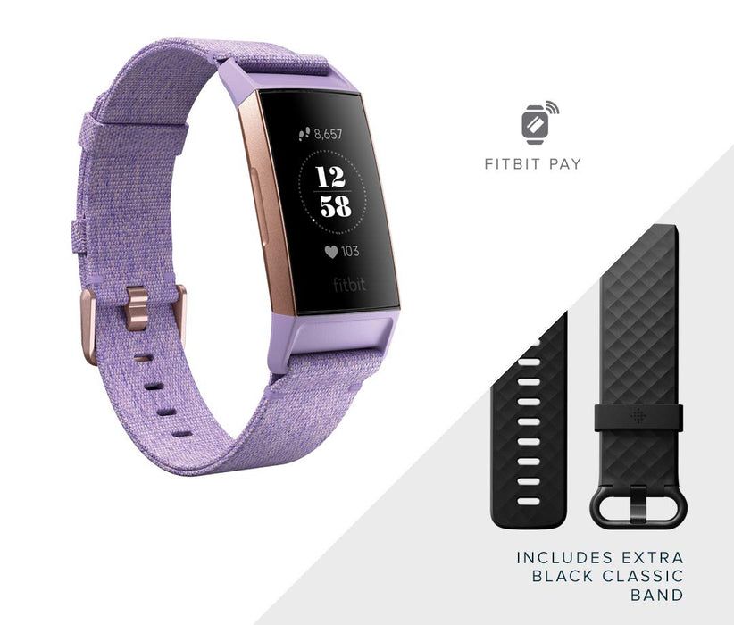 Fitbit Charge 3 NFC Special Edition Advanced Fitness Tracker with Heart Rate, Swim Tracking & 7 Day Battery - Rose-Gold/Lavender, One Size