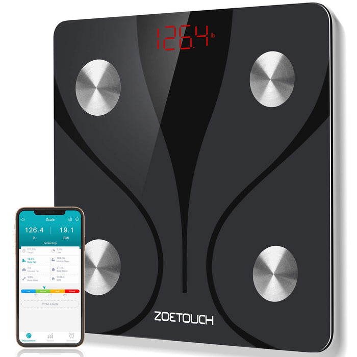 Body Fat Scales,ZOETOUCH Smart Bathroom Scales,Digital Body Weighing Scales with Smart APP for Body Weight&Fat,BMI,Muscle Mass 180kg/400lb, Black