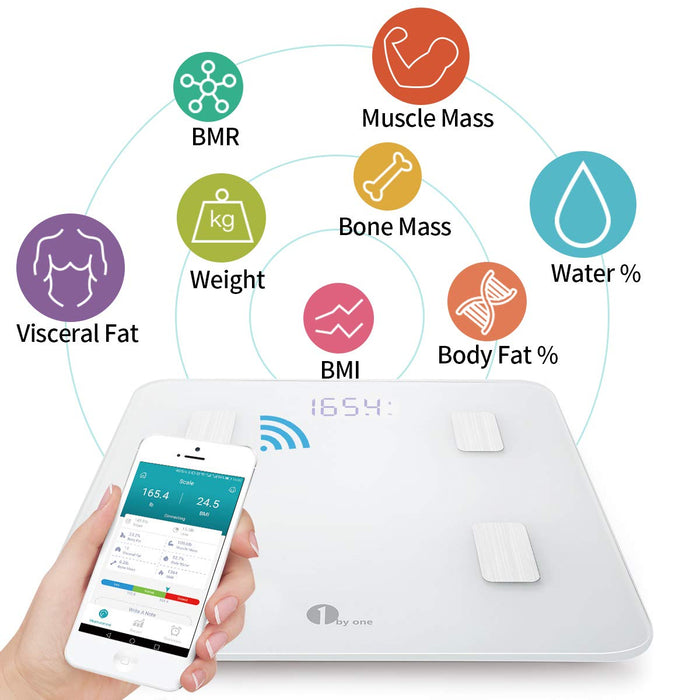 1 BY ONE Smart Body Fat Scales, Body Composition Analyzer Bathroom Digital Weight Scale with Android iOS App, Sync Data with Apple Health, Google Fit & Fitbit APP - White
