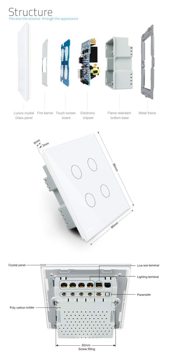 LIVOLO White Touch Switch with LED Indicator Smart Wall Light Switch with Tempered Glass Panel UK Standard 4 Gang 1 Way,VL-C304-61