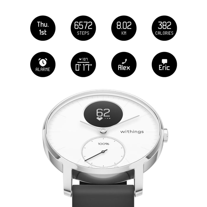 Withings Steel HR - Hybrid Smartwatch - Activity Tracker with Connected GPS, Heart Rate Monitor, Sleep Monitor, Smart Notifications, Water Resistant with 25-day battery life,Silver, White - 36mm