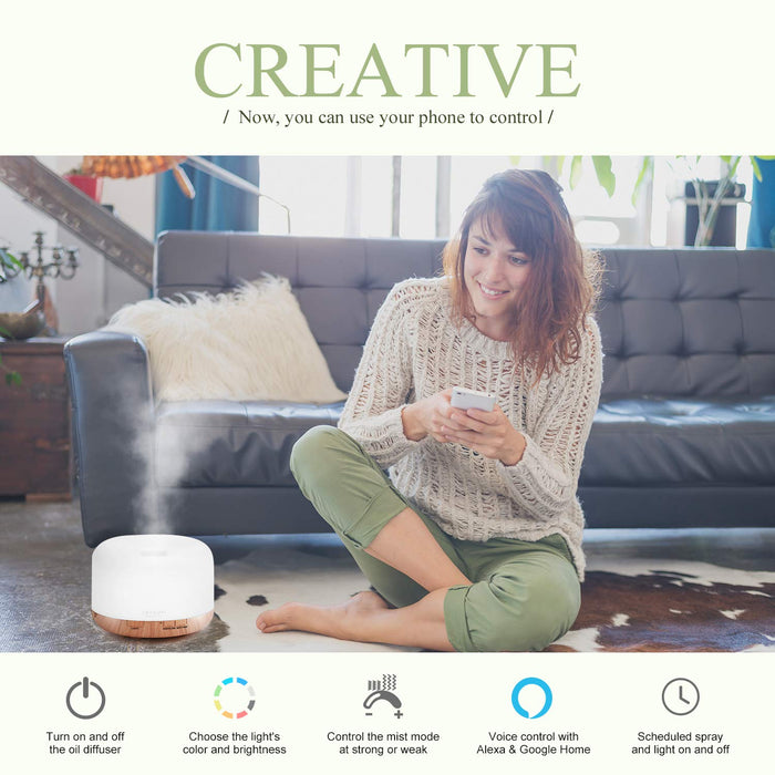 ASAKUKI Wi-Fi Smart Essential Oil Diffuser Echo Alexa Control, 500ml 5 In 1 Ultrasonic Aromatherapy Fragrant Oil Vaporizer Humidifier, Timer and Auto-Off Safety Switch, 7 LED Light Colors